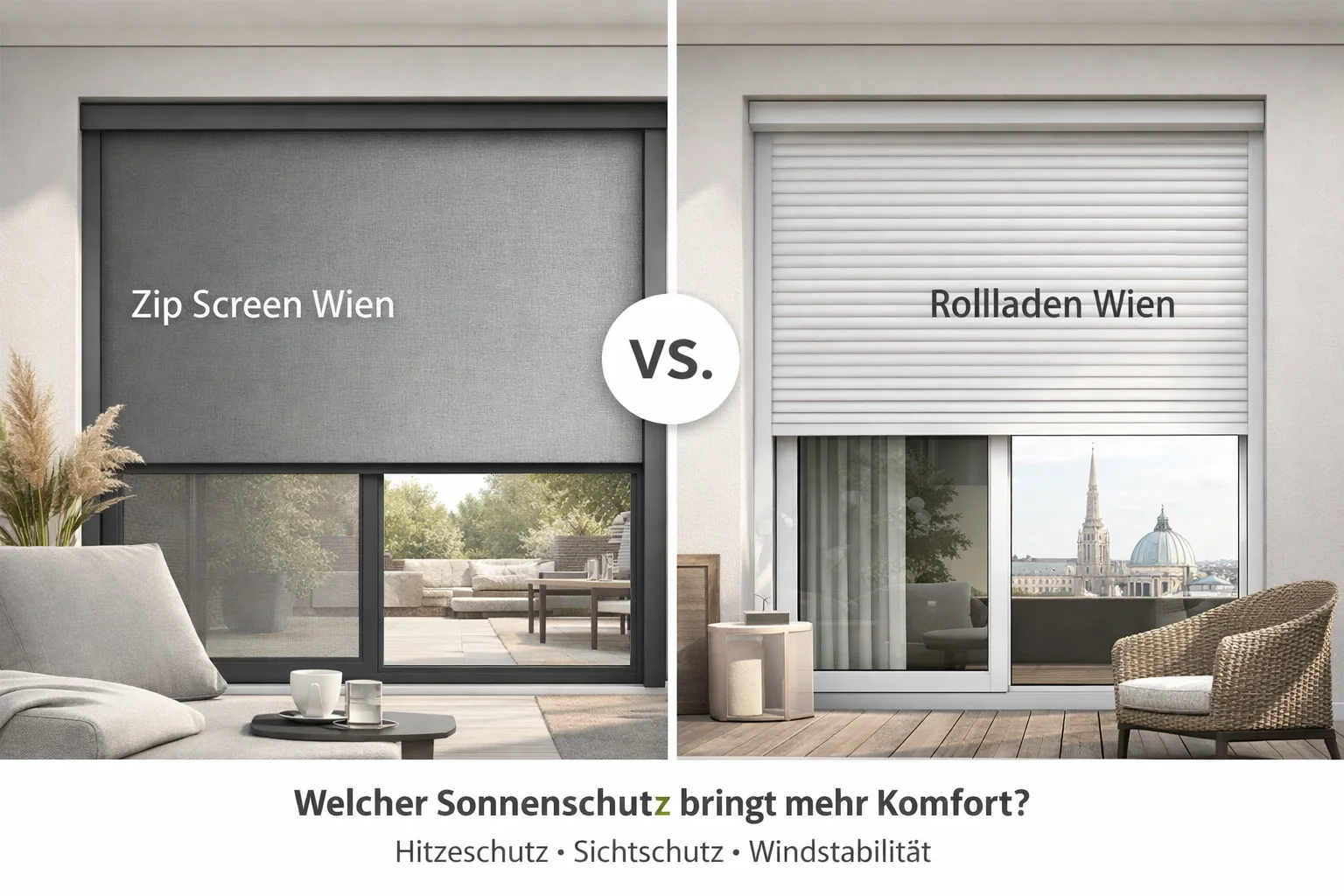 Zip Screen Wien vs. Rollladen Wien: Welcher Sonnenschutz bringt mehr Komfort (Hitzeschutz, Sichtschutz, Windstabilität)?