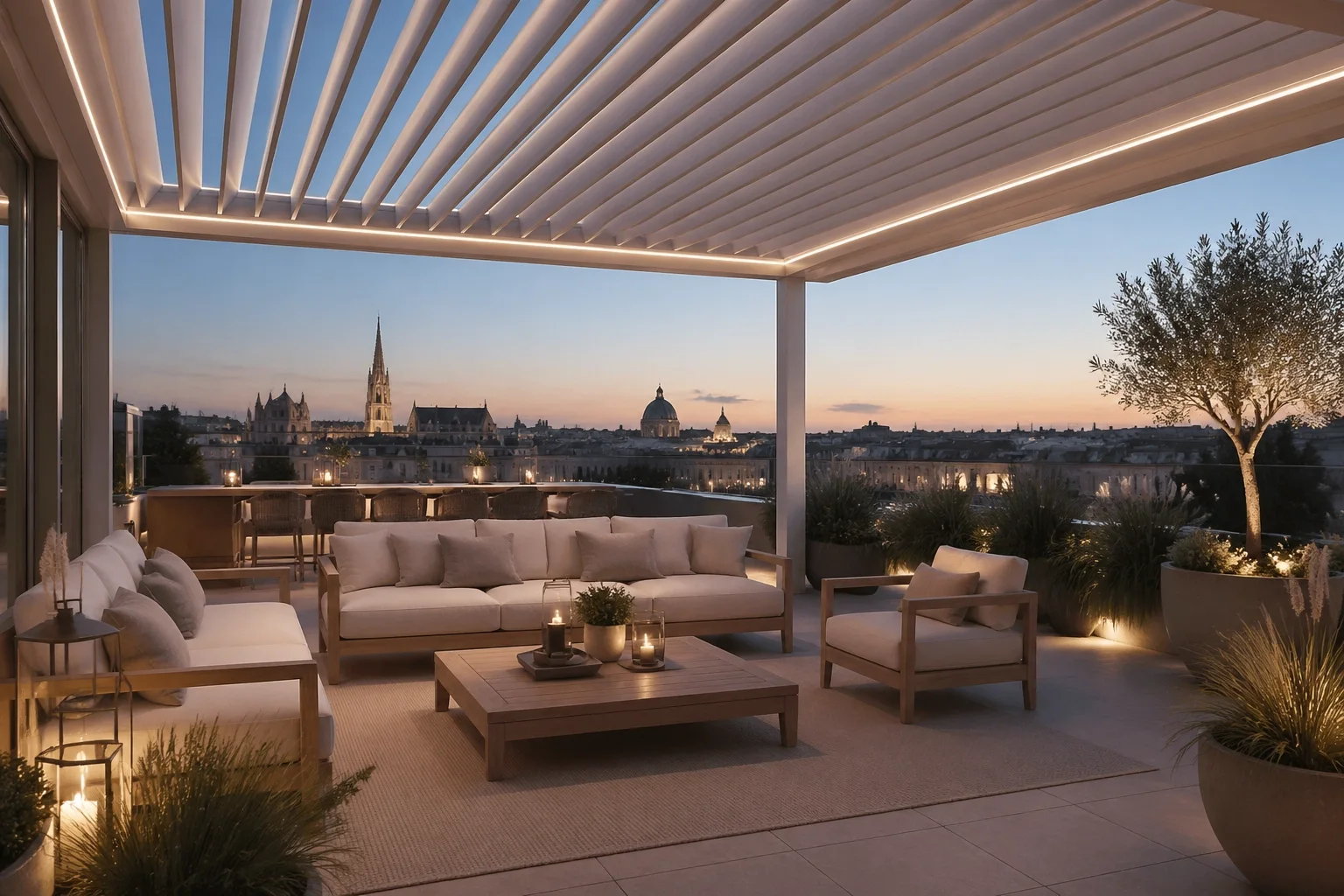Exklusive Dachterrasse in Wien mit weißem Lamellendach und modernem Outdoor-Living-Loungebereich.