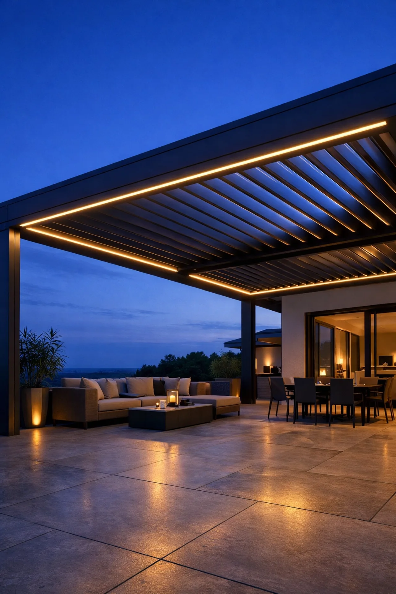 Aluminium-Lamellendach mit integrierter LED-Beleuchtung für die Terrasse bei Nacht.