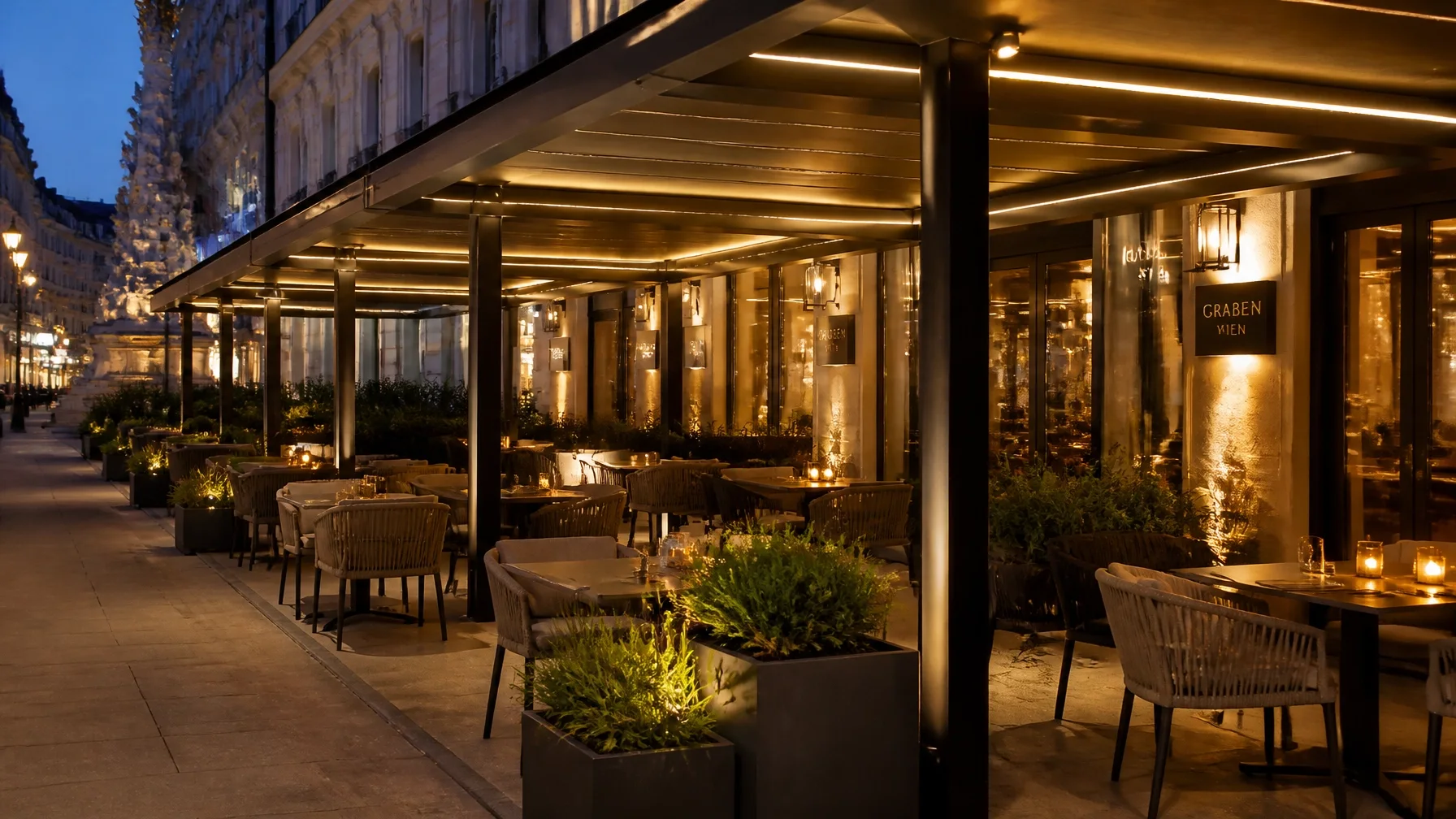Großzügige Gastronomie-Terrasse mit modernen Pergola-Systemen in Wien