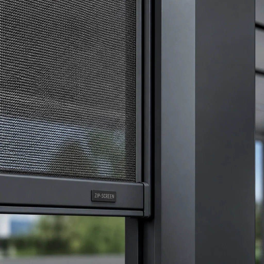 Detailaufnahme eines hochwertigen Zip-Screens für Wind- und Sichtschutz