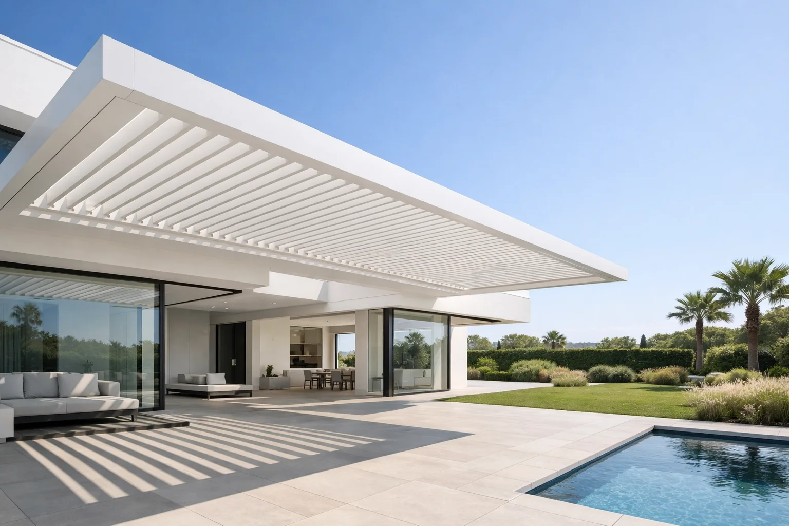 Ästhetische Terrassenüberdachung nahtlos in die moderne Hausarchitektur einer Wiener Villa integriert.