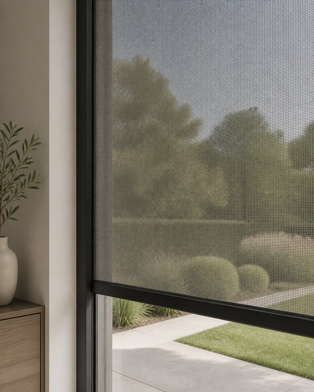 Innenansicht eines halb-transparenten Zip Screens, der den Blick in den Garten ermöglicht