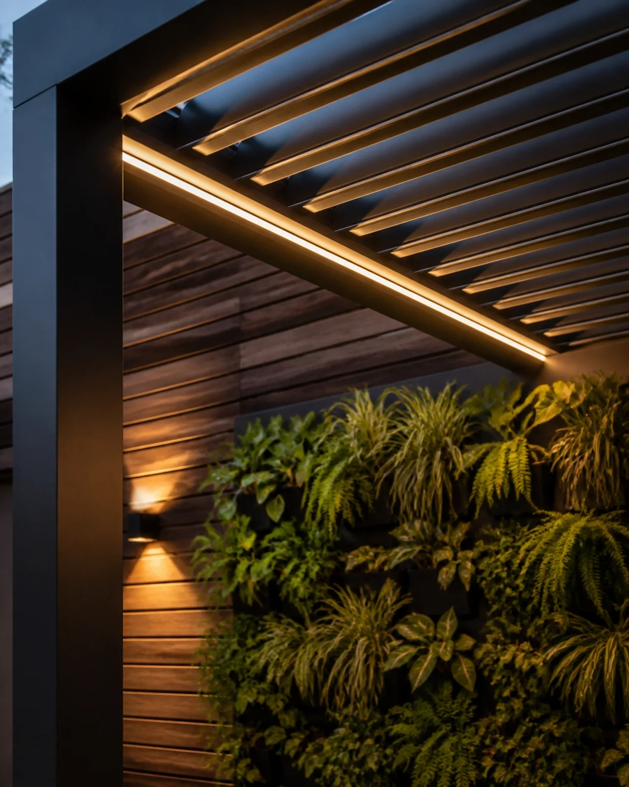 Moderne Pergola mit warmem LED-Licht und vertikalem Garten