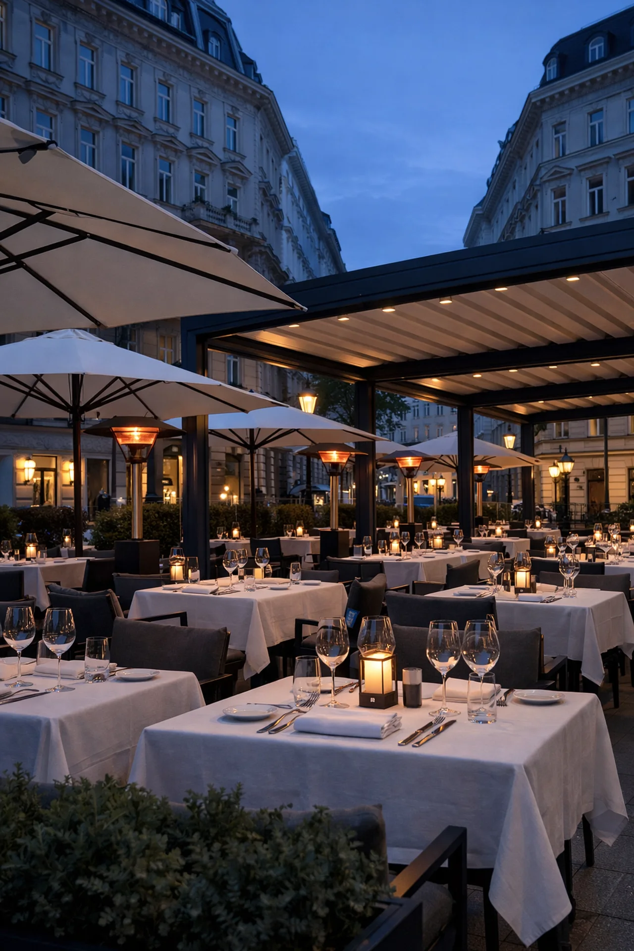 Wetterfeste Starkwindschirme und Pergola für einen eleganten Wiener Gastronomie-Schanigarten.