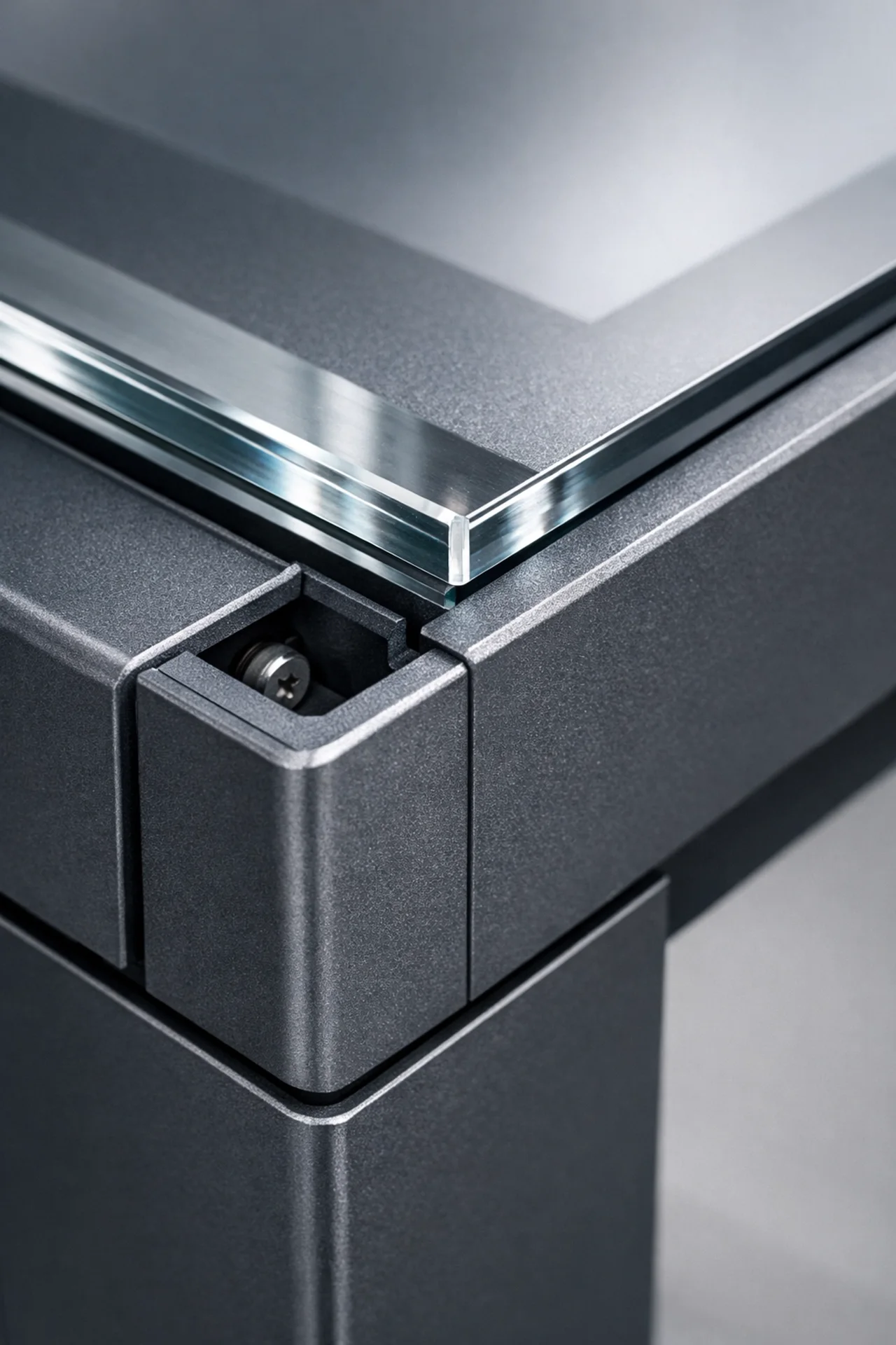 Stabile Eckverbindung einer Terrassenüberdachung nach Maß mit Aluminiumprofilen und Sicherheitsglas.