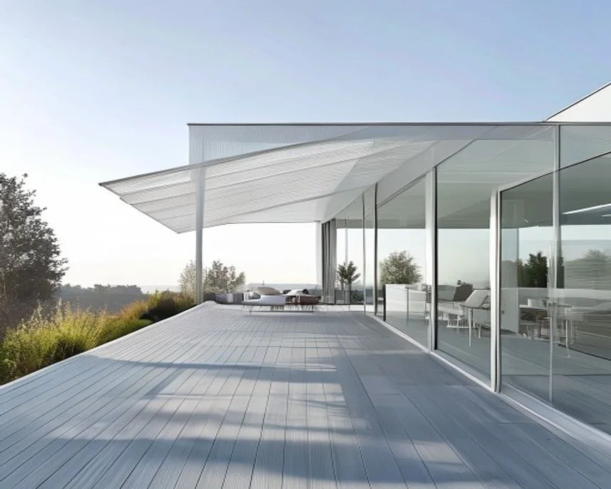 Ein modernes Glasdach über einer Terrasse, kombiniert mit einer integrierten Textilmarkise in hellem Grau, schlichte weiße Aluminiumpfosten.