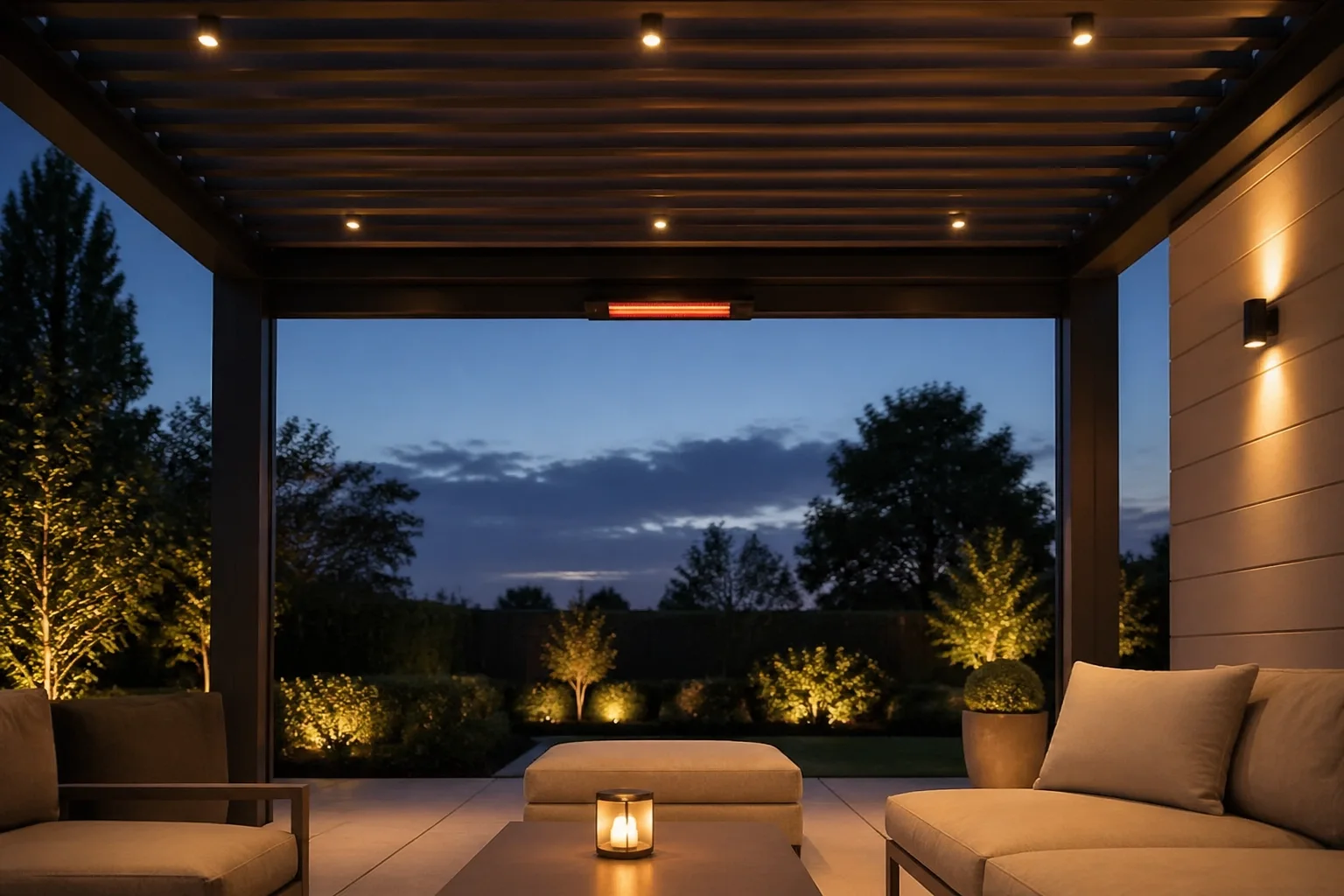Terrassenüberdachung in Wien mit LED-Beleuchtung und Heizstrahler für Ganzjahresnutzung.