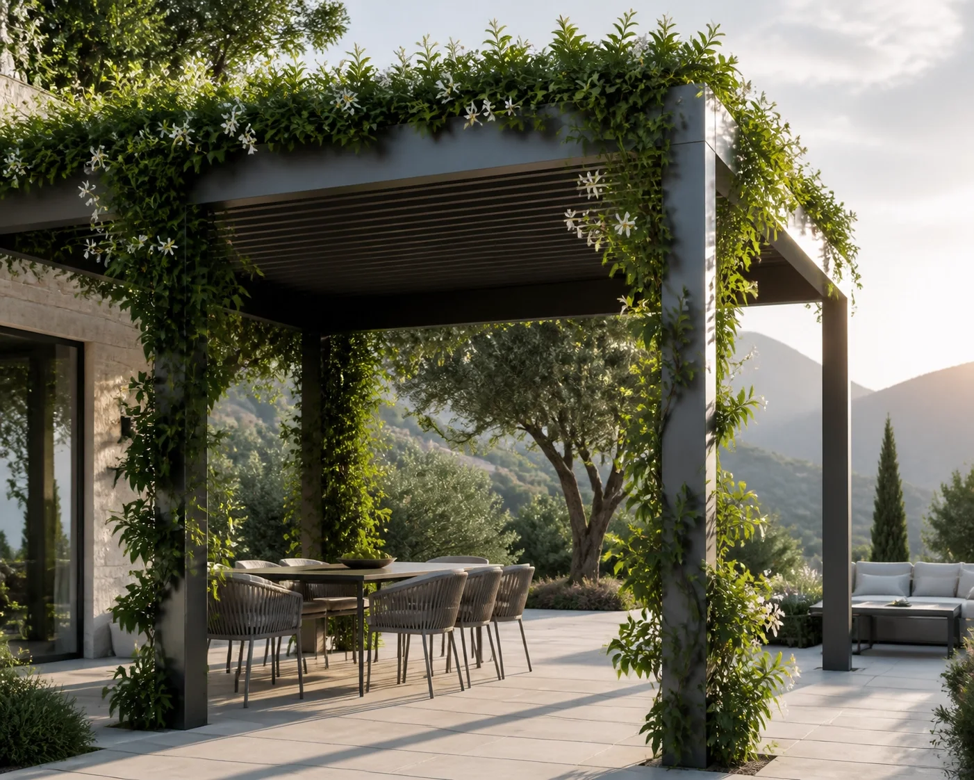 Moderne Pergola in Wien mit grünen Kletterpflanzen für natürliches Design und Kühlung auf der Terrasse.