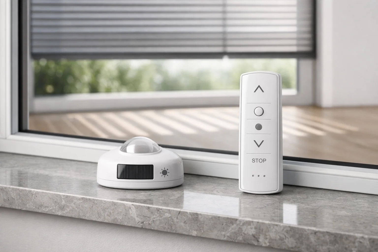Smart Home Sonnenschutztechnik: Funkfernbedienung und Sonnensensor für automatisierte Rollläden.
