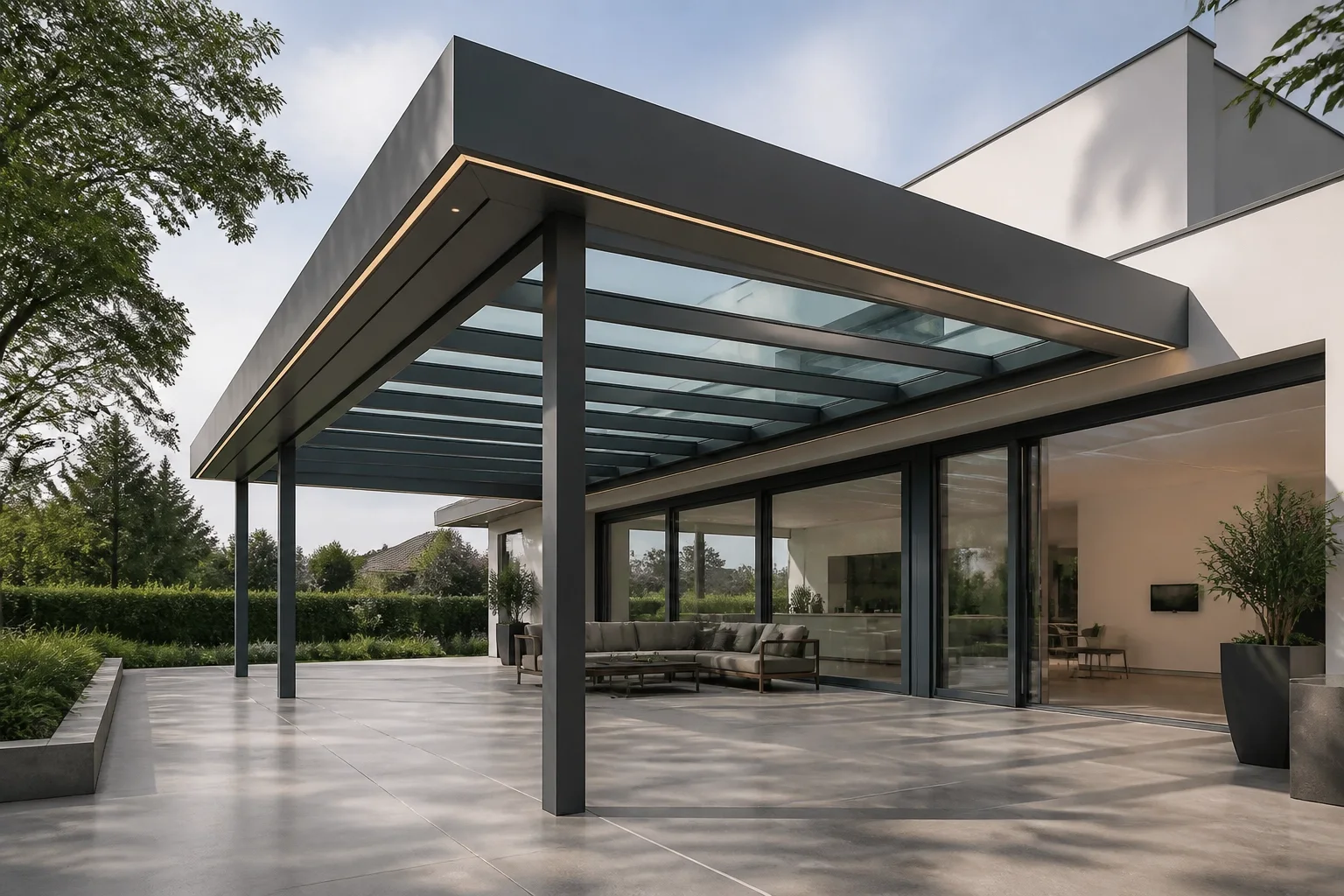 Großzügige Terrassenüberdachung in Wien mit Glasdach und weitem Dachüberstand für Wetterschutz.