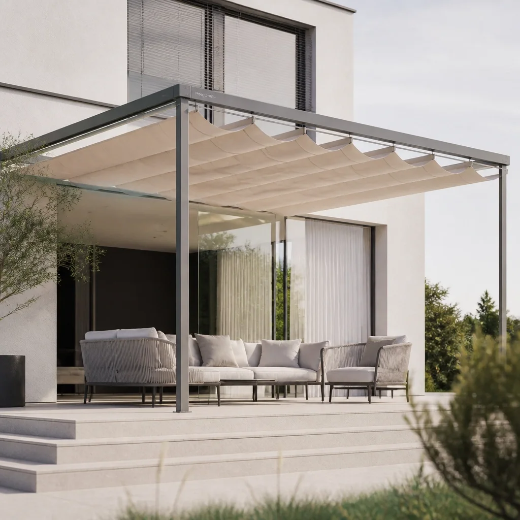 Moderne Textil-Pergola an einer Hausfassade