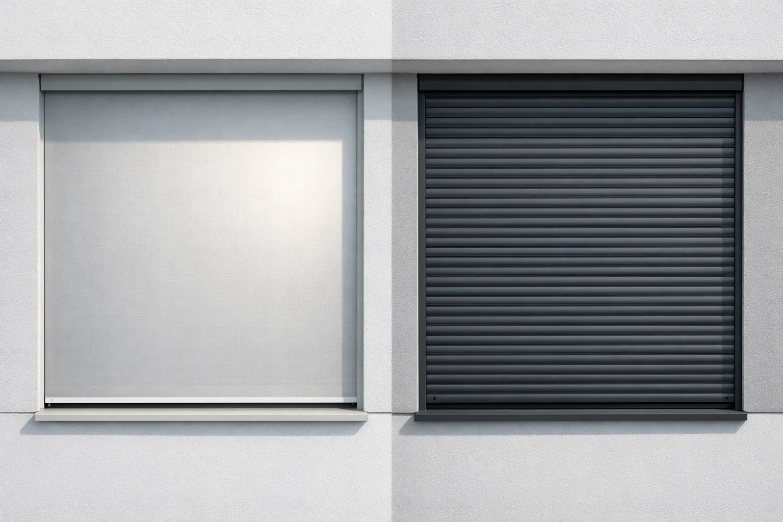 Vergleich zwischen einem lichtdurchlässigen Zip-Screen und einem stabilen Rollladen für optimalen Sonnenschutz.