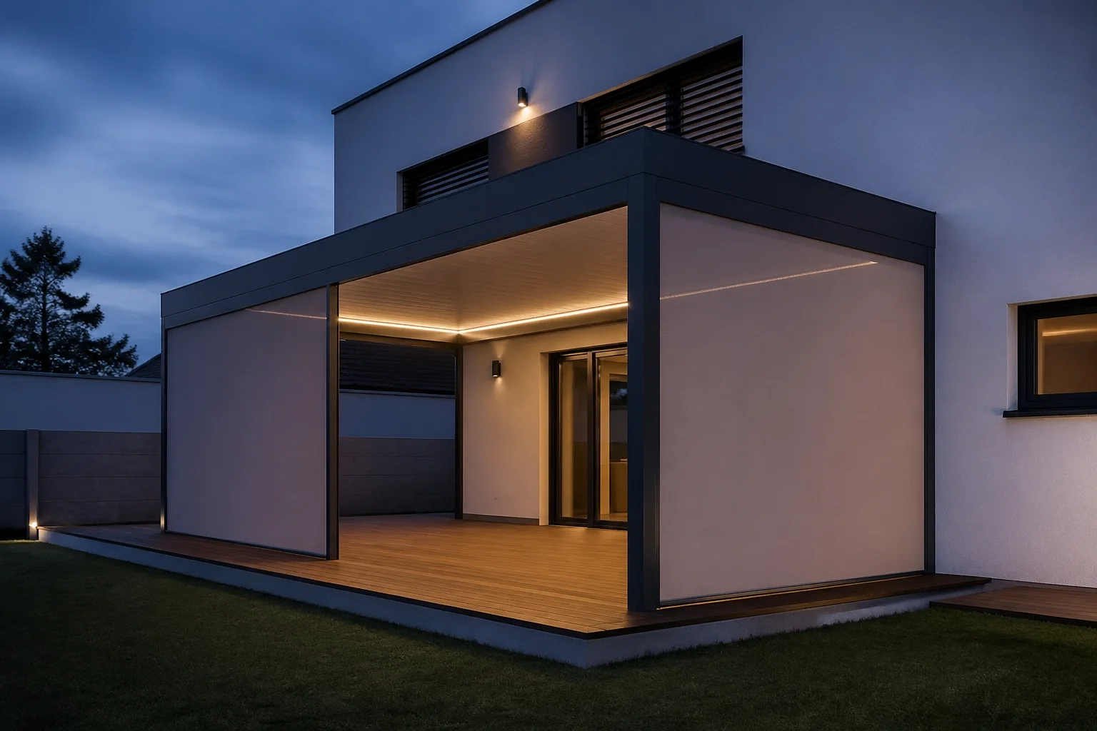 Terrassenüberdachung in Wien mit integriertem Sichtschutz durch ZIP-Screens an einem modernen Wohnhaus.