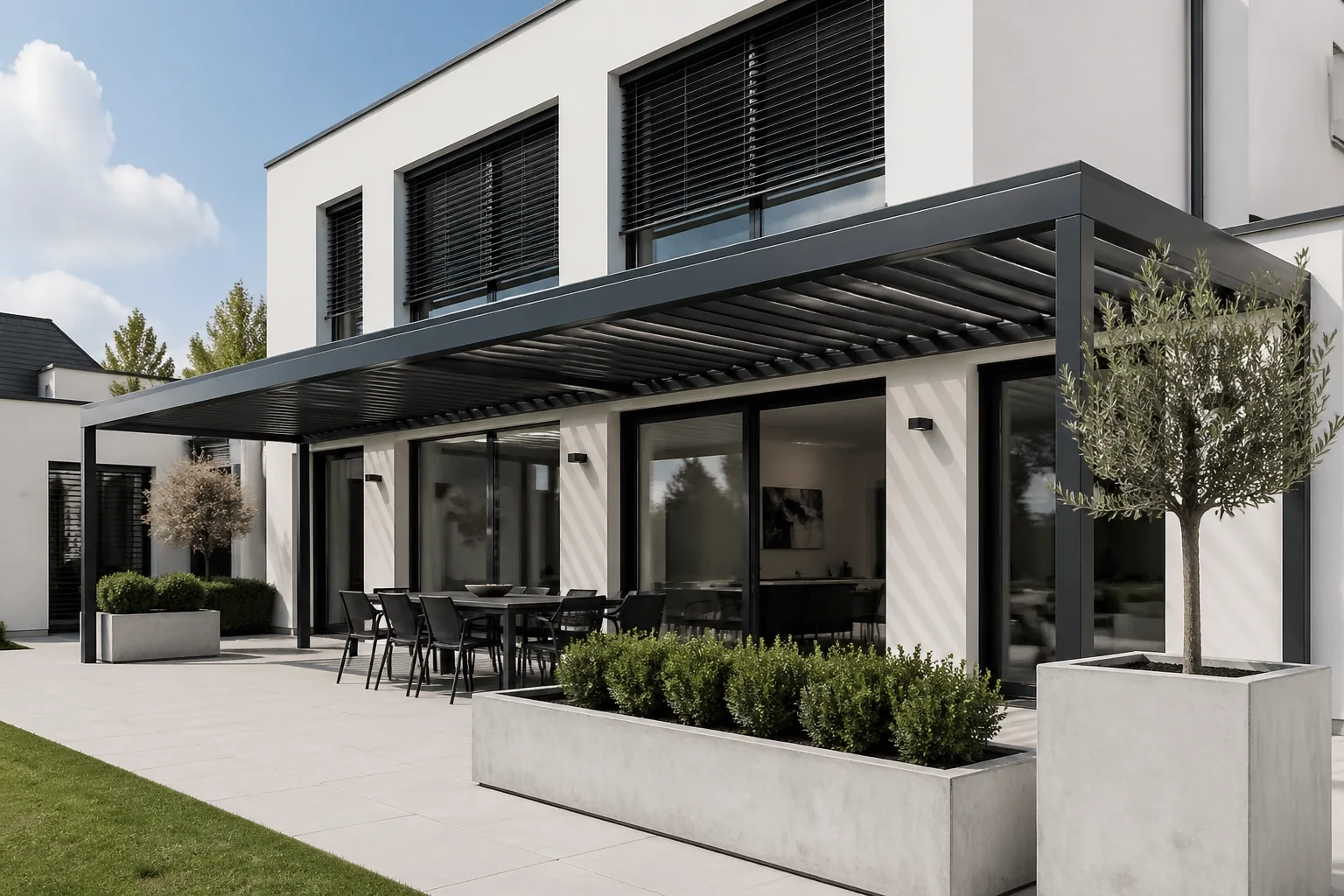 Anthrazitfarbenes Lamellendach Wien an einer modernen Villa für stilvolles Outdoor Living.