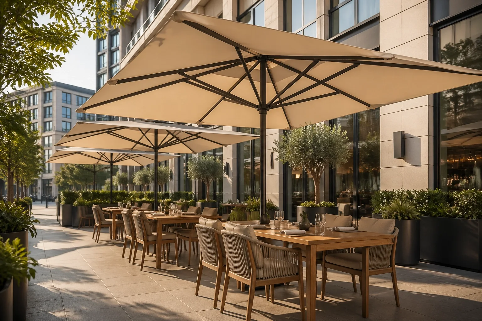 Robuste Starkwindschirme für die Gastronomie in Wien auf einer stilvollen Restaurantterrasse.