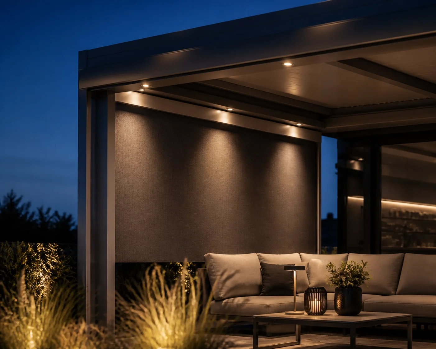 Moderne Terrassenüberdachung in Wien mit warmweißen LED-Spots und hochwertiger Seitenmarkise.