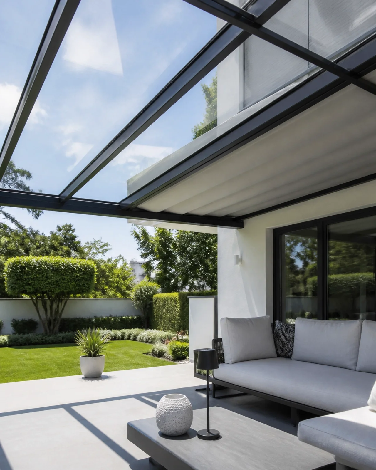 Ein modernes Glasdach mit schlankem Aluminiumrahmen und integrierter Beschattung