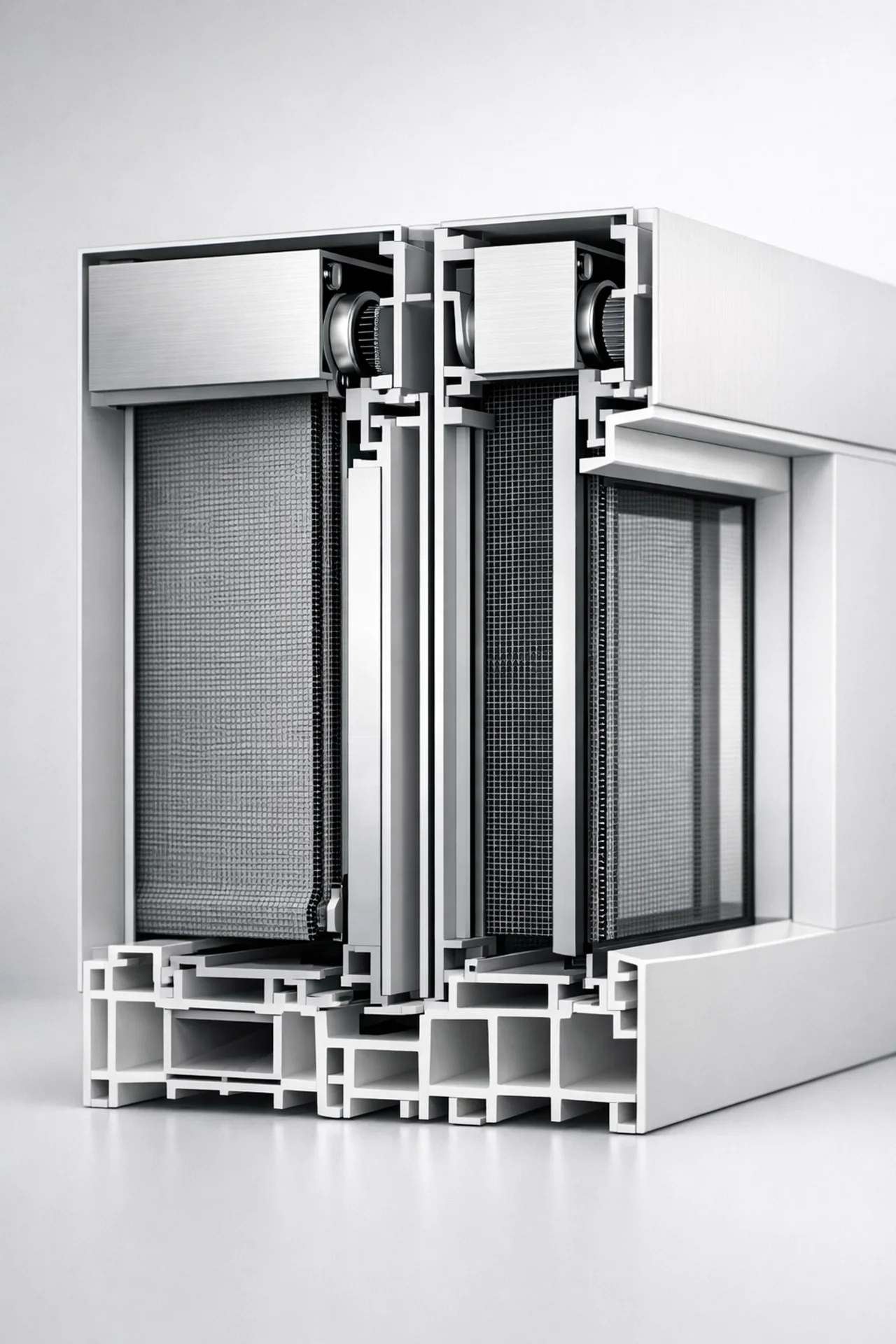 Detailansicht eines Fensterprofils mit integriertem Zip-Screen und Insektenschutz für moderne Wohnräume.