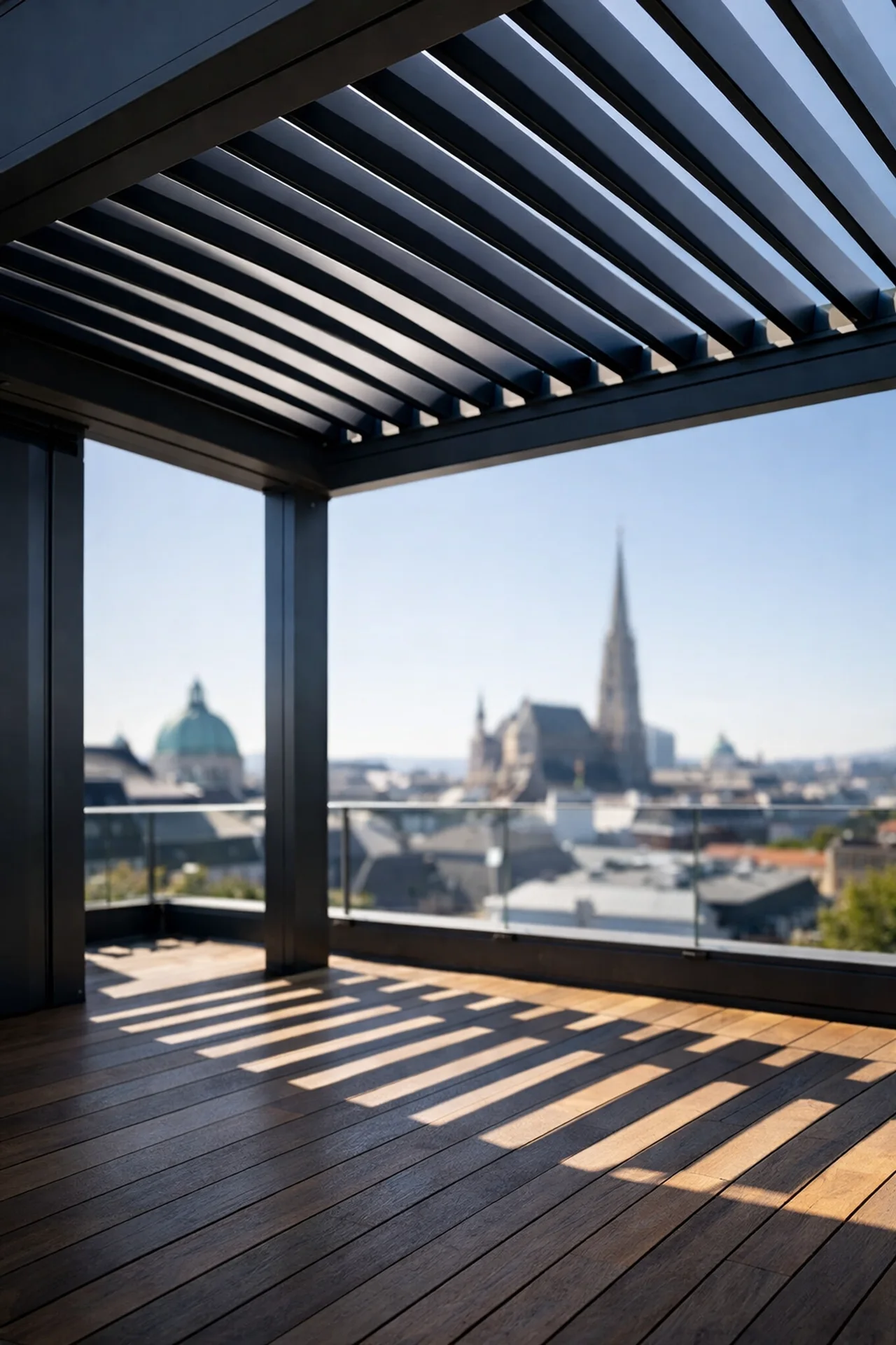 Modernes bioklimatisches Lamellendach in Wien aus anthrazitfarbenem Aluminium.