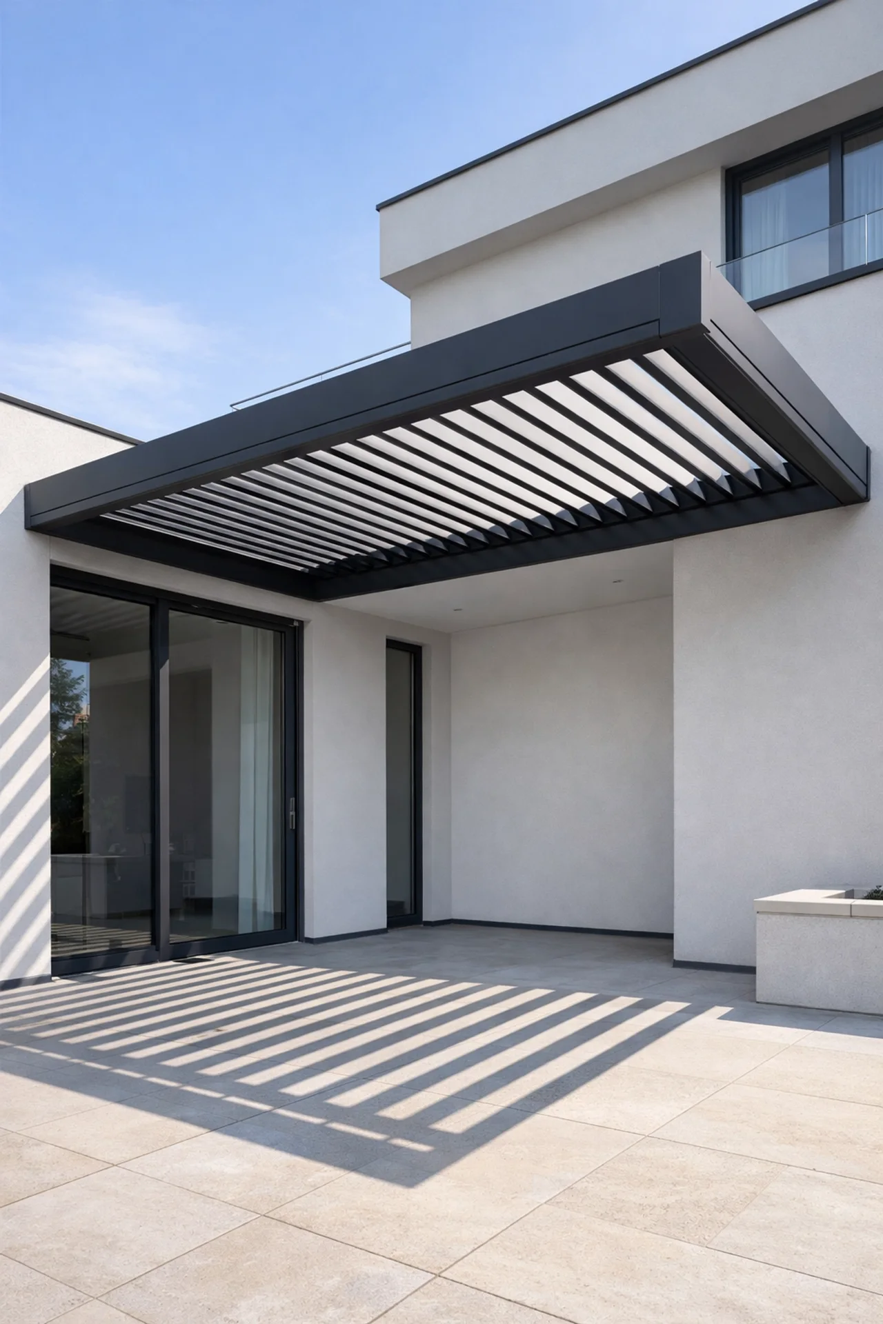 Modernes Lamellendach in Anthrazit an einer Wiener Stadtvilla als exklusive Terrassenüberdachung.