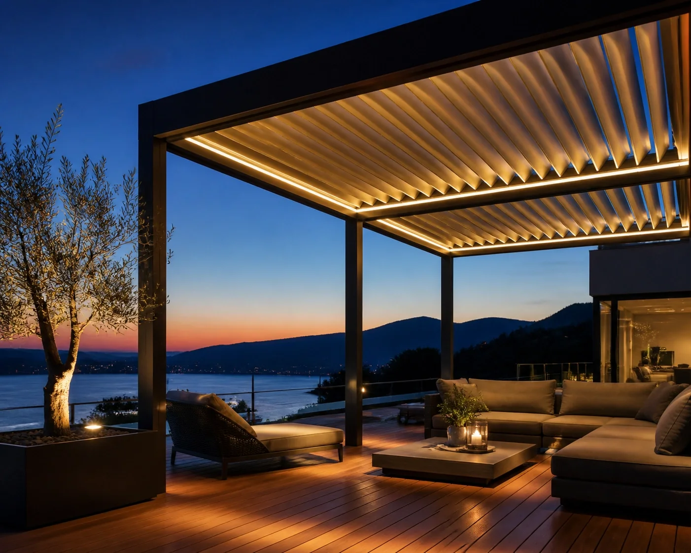 Bioklimatisches Lamellendach Wien mit LED-Beleuchtung bei Dämmerung für Outdoor Living.
