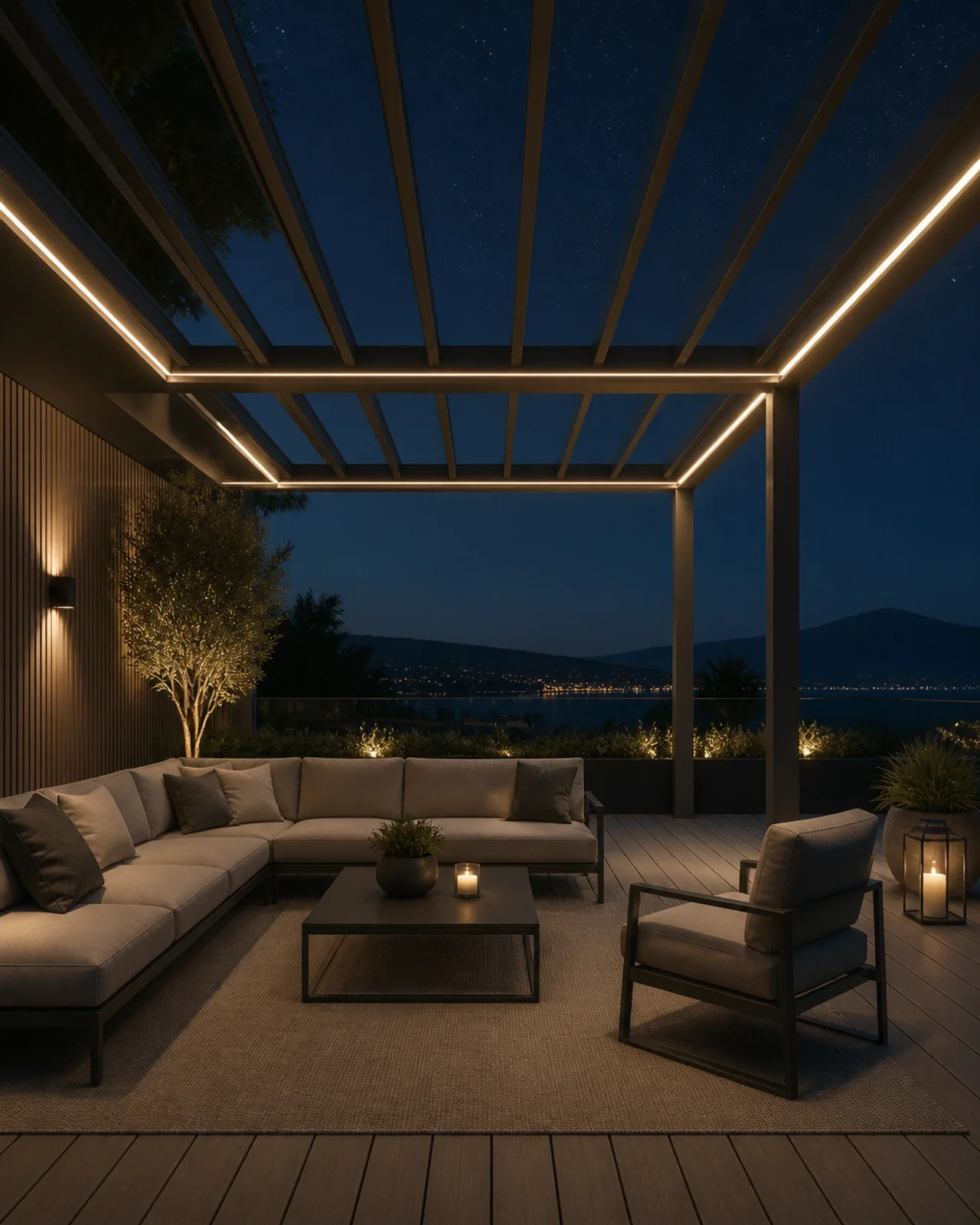 Abendliche Terrassenbeleuchtung integriert in eine Pergola
