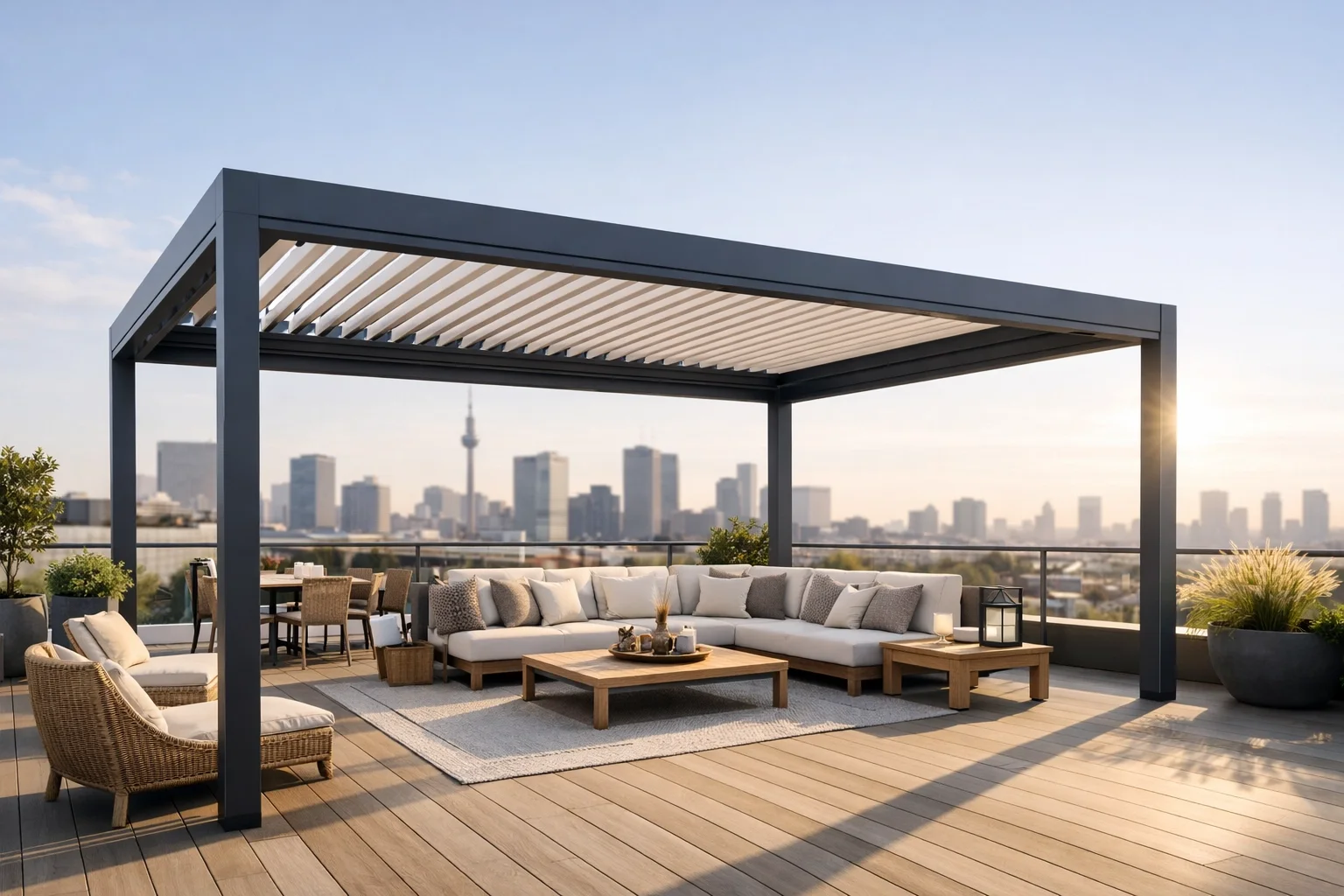 Freistehende moderne Pergola auf einer Wiener Dachterrasse mit Blick über die Stadt.