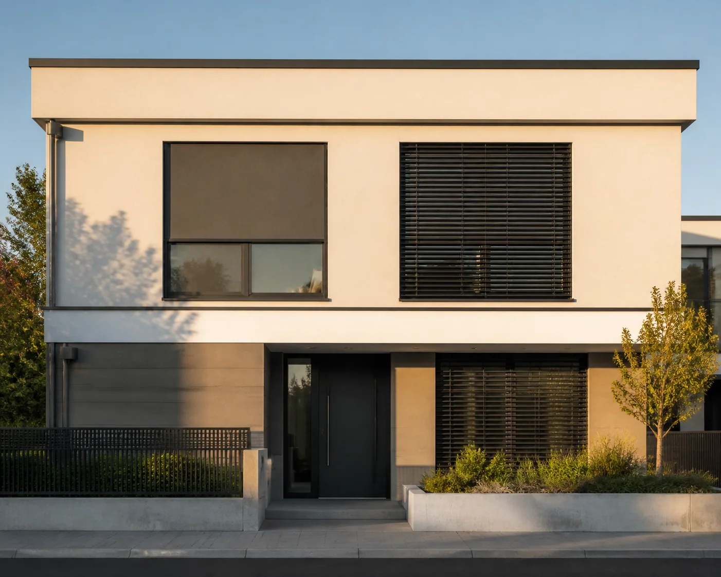 Moderne Hausfassade in Wien mit kombiniertem Sonnenschutz aus Zip Screens und Außenjalousien.