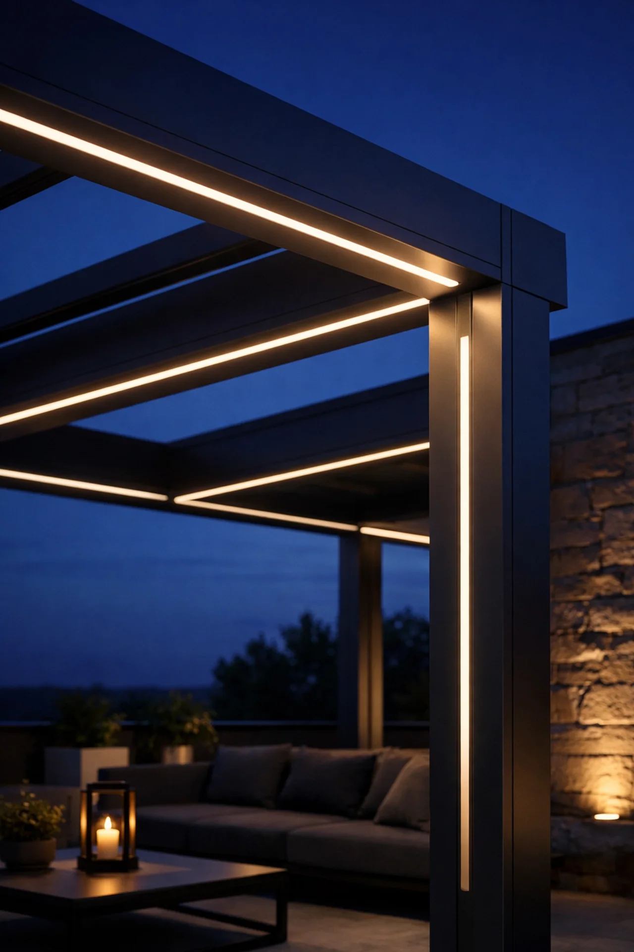 Beleuchtete Pergola in Wien mit stimmungsvollen LED-Spots für moderne Terrassengestaltung.