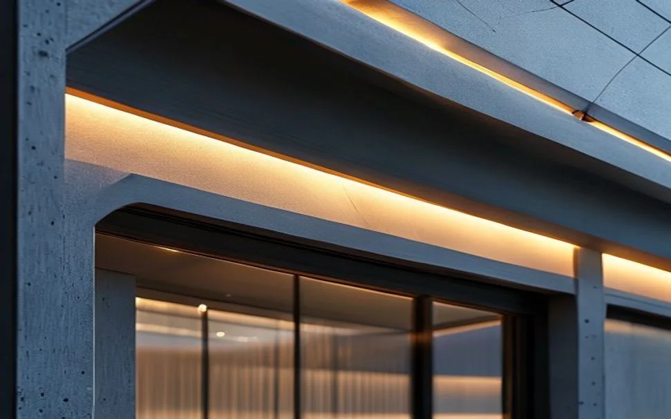 Detailaufnahme eines hochwertigen Lamellendachs mit integrierten LED-Spots und geschlossenen Lamellen, die bei Regen komplett abdichten. Fokus auf die präzise Mechanik und das elegante Design.