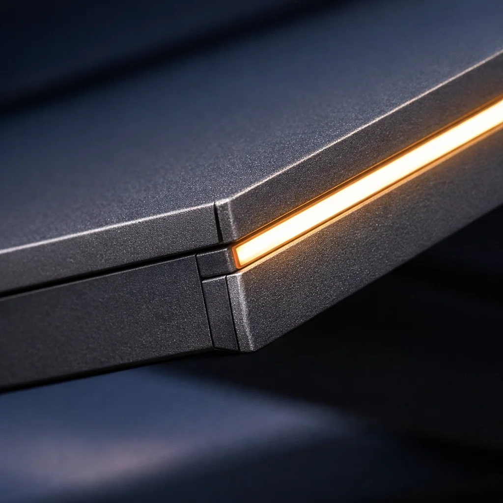 Detailansicht eines Lamellendachs mit integrierter LED-Beleuchtung für gemütliche Abende im Freien.