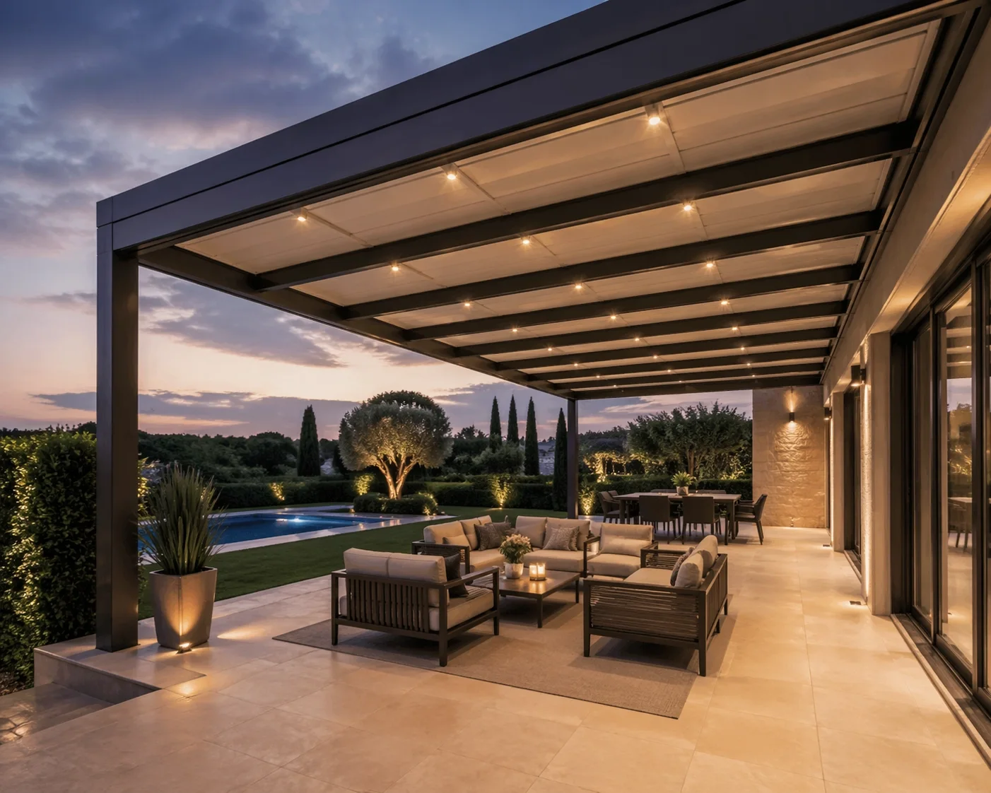 Beleuchtete Faltdach-Pergola nach Maß mit integrierten LED-Spots für die perfekte Terrassennutzung.