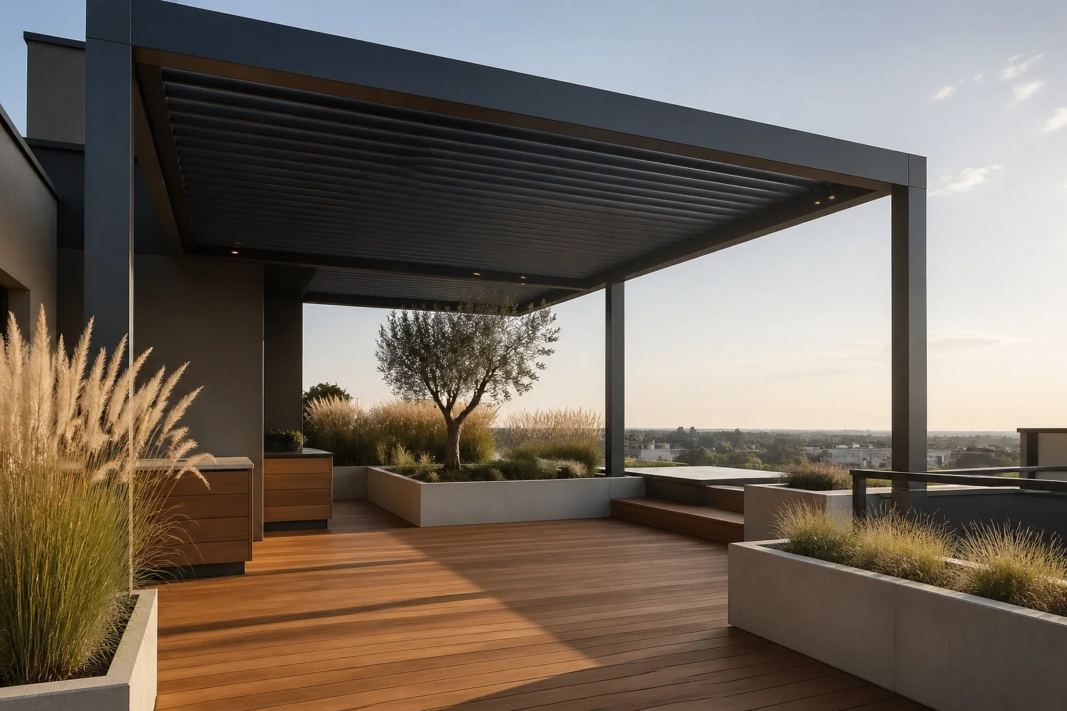 Modernes Terrassendesign in Wien: Dunkles Lamellendach kombiniert mit edlem Holzdeck.