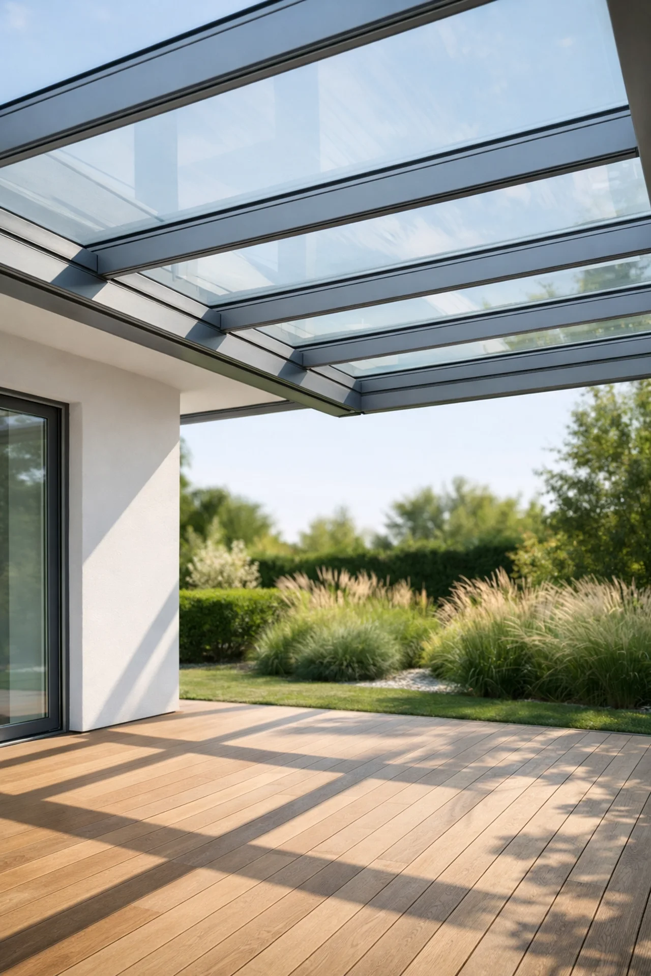 Moderne Glas-Terrassenüberdachung Wien mit transparentem Sicherheitsglas für maximale Lichtdurchflutung.