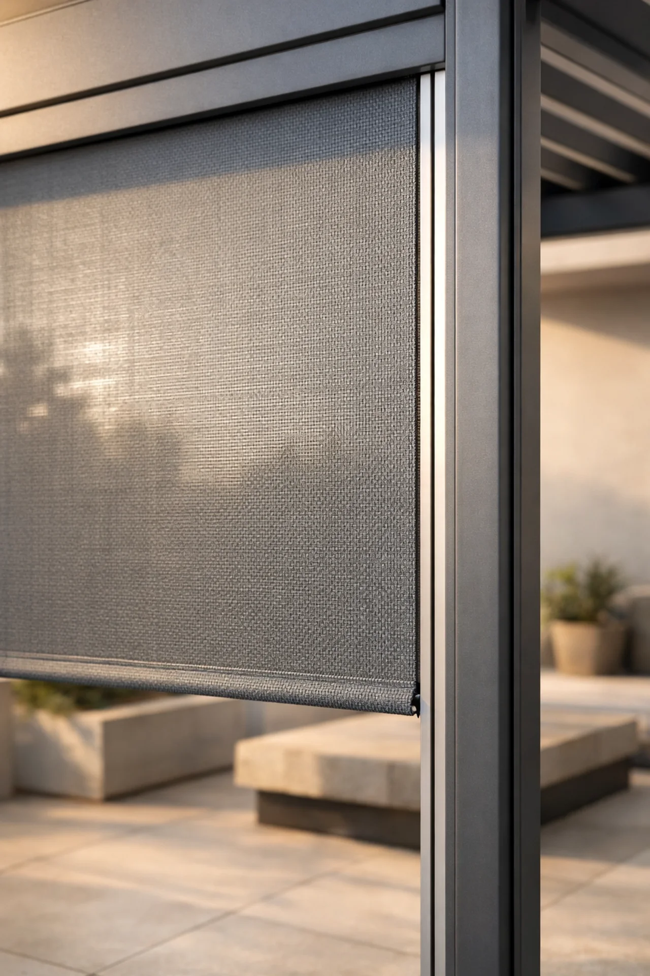 Seitlicher Windschutz durch einen hochwertigen Zip-Screen an einer Terrassenüberdachung in Wien.