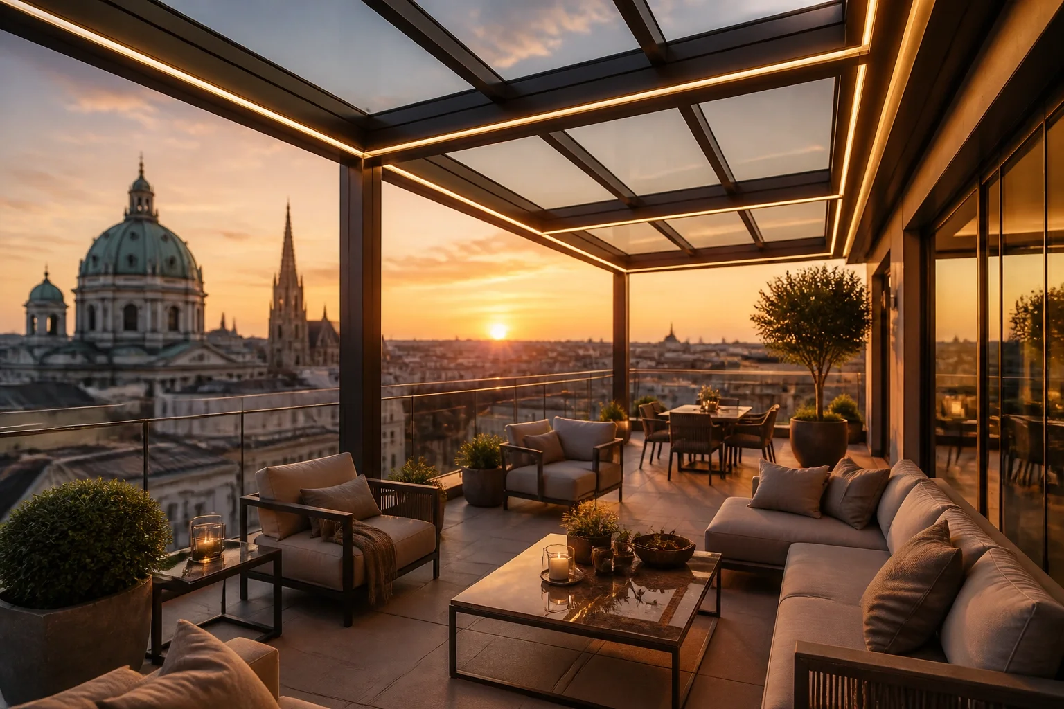 Exklusive Terrassenüberdachung auf einer Wiener Dachterrasse mit Glasdach und stimmungsvoller LED-Beleuchtung.