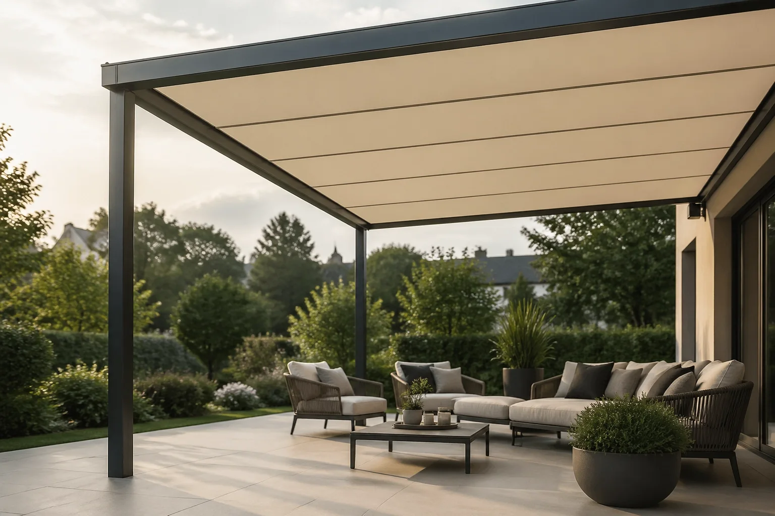 Elegante textile Pergola-Markise in Beige als windstabiler Sonnenschutz in Wien.