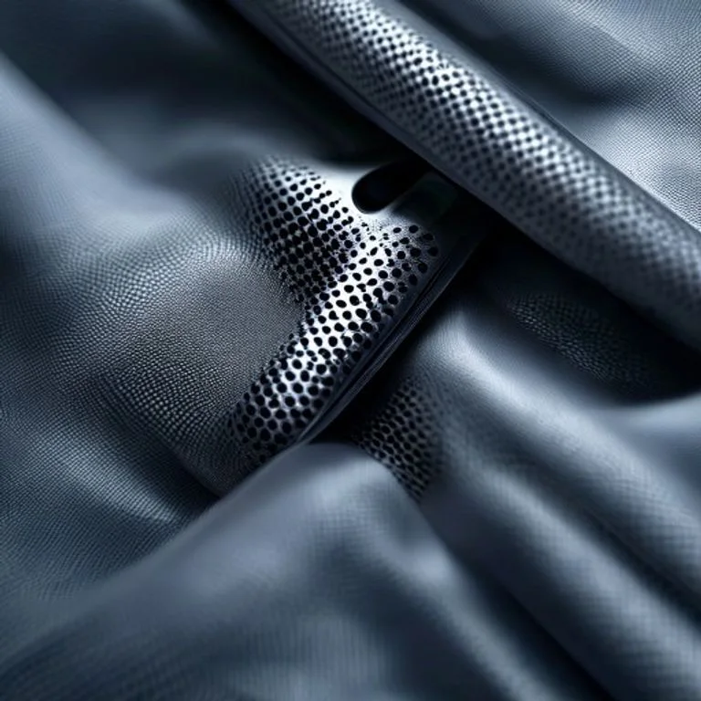 Nahaufnahme eines hochwertigen Zip-Screen-Gewebes in einem Anthrazit-Farbton, man sieht die feine Perforation, die Licht durchlässt, aber Hitze abweist, technische Details der seitlichen Reißverschlussführung (Zip), keine Menschen.