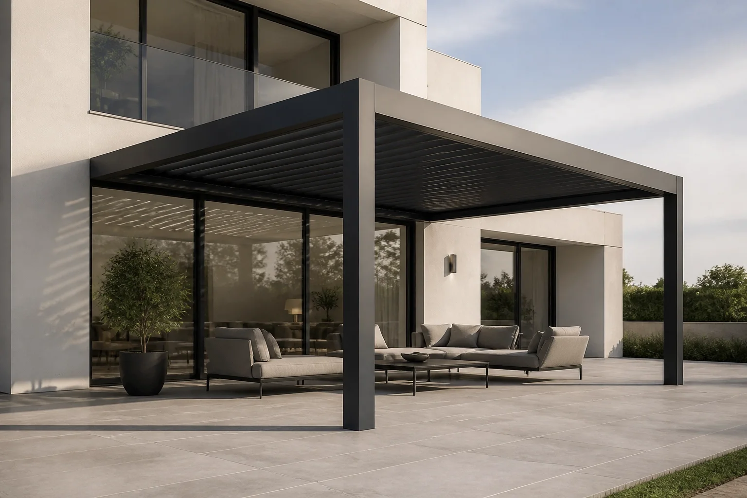 Moderne Pergola aus Aluminium in Anthrazit an einer weißen Hausfassade in Wien.
