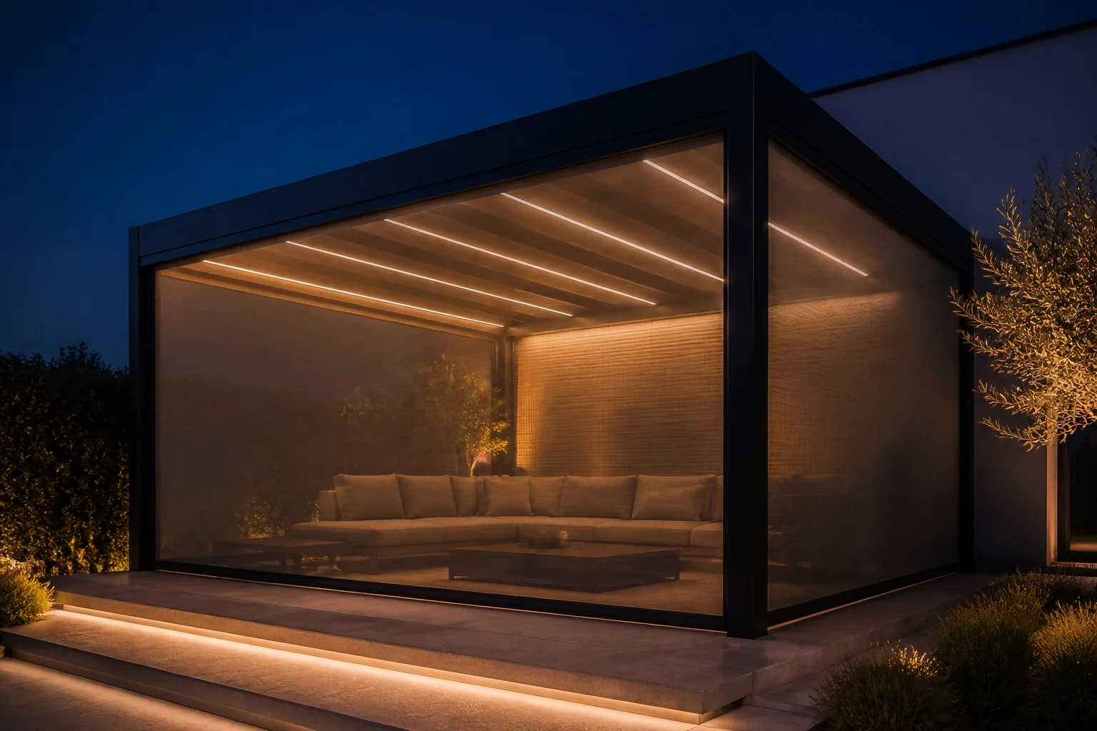Beleuchtete Pergola in Wien mit Senkrechtmarkisen und LED-Licht für die Abendnutzung.
