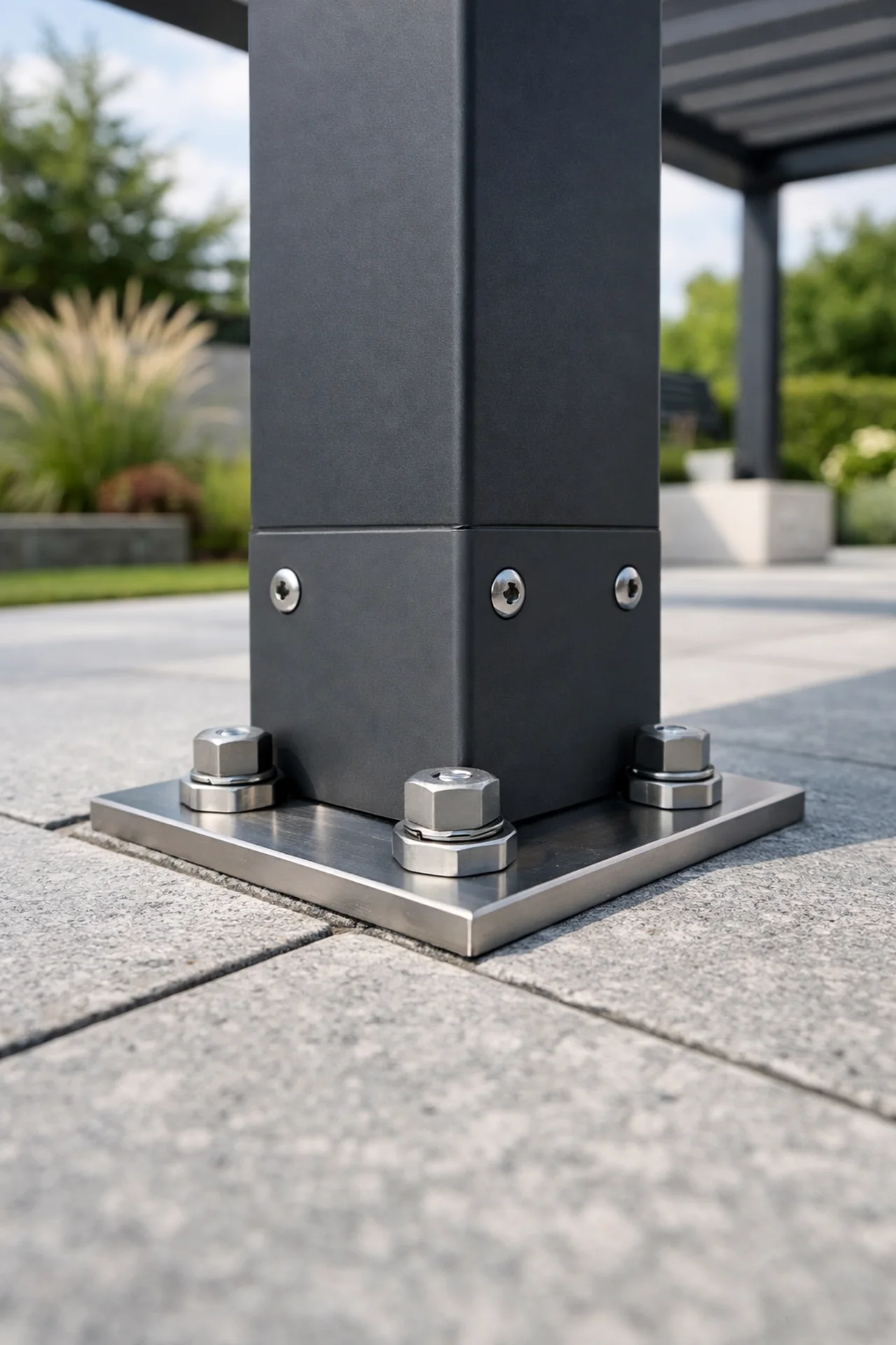 Sicheres Fundament und stabile Verankerung eines Pergola-Stützpfeilers auf einer Steinterrasse.