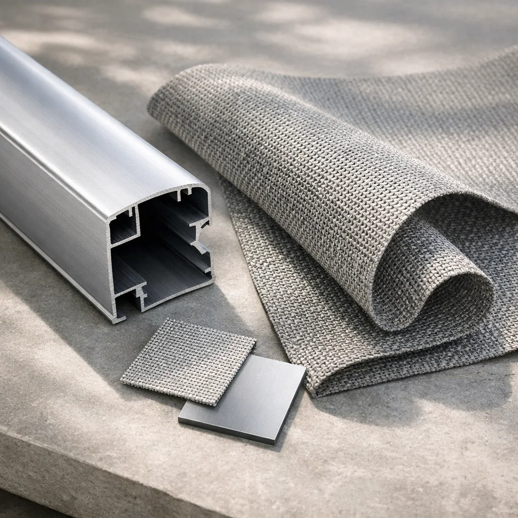 Technische Details von Markisenstoff und Aluminiumprofilen für Sonnenschutz in Wien.