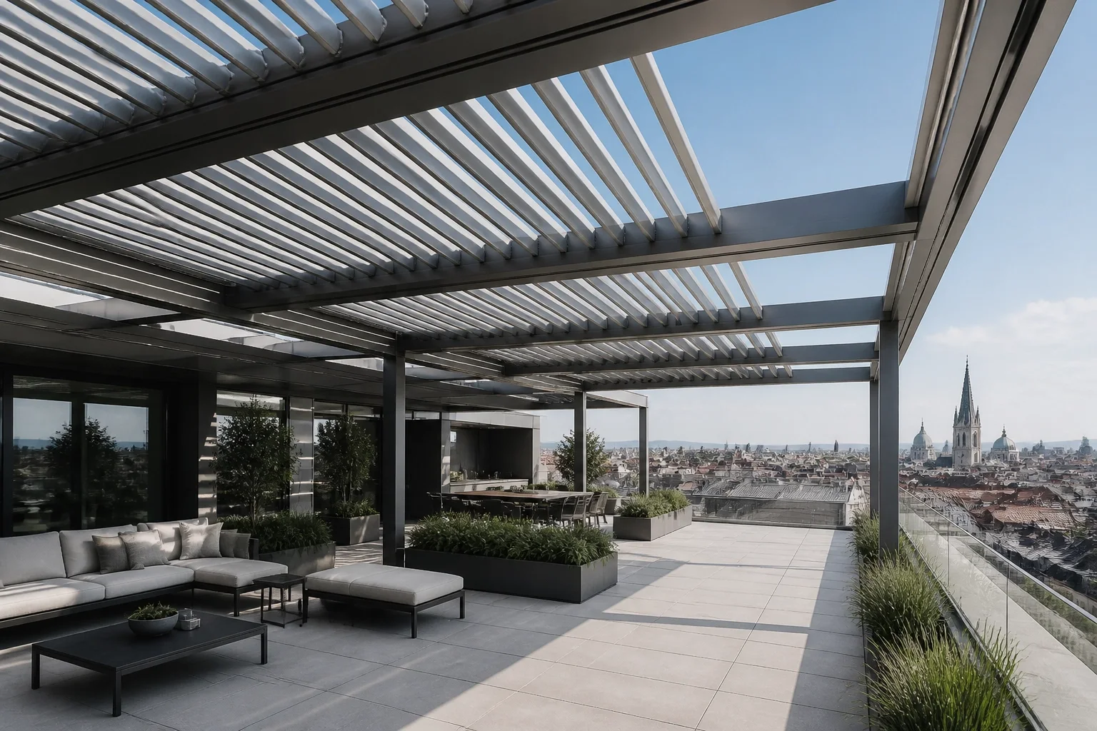 Großflächiges Lamellendach in Wien auf einer modernen Penthouse-Terrasse mit Blick über die Stadt.