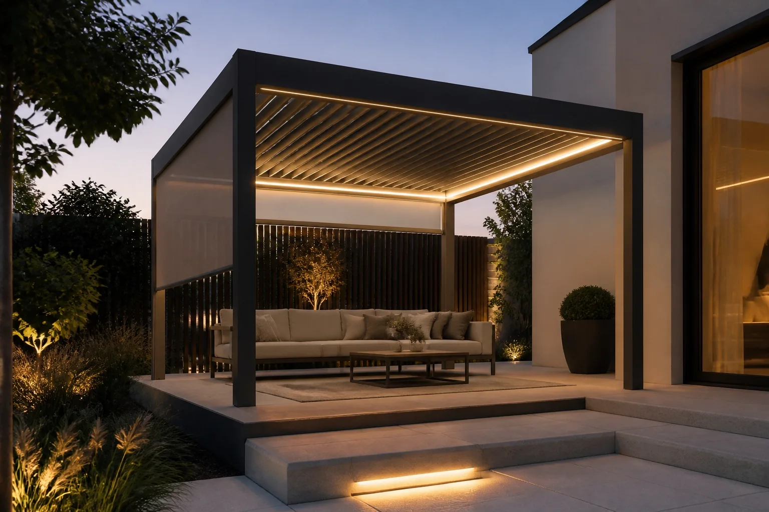 Beleuchtete Pergola mit Lamellendach in Wien – exklusives Outdoor Living Design am Abend.