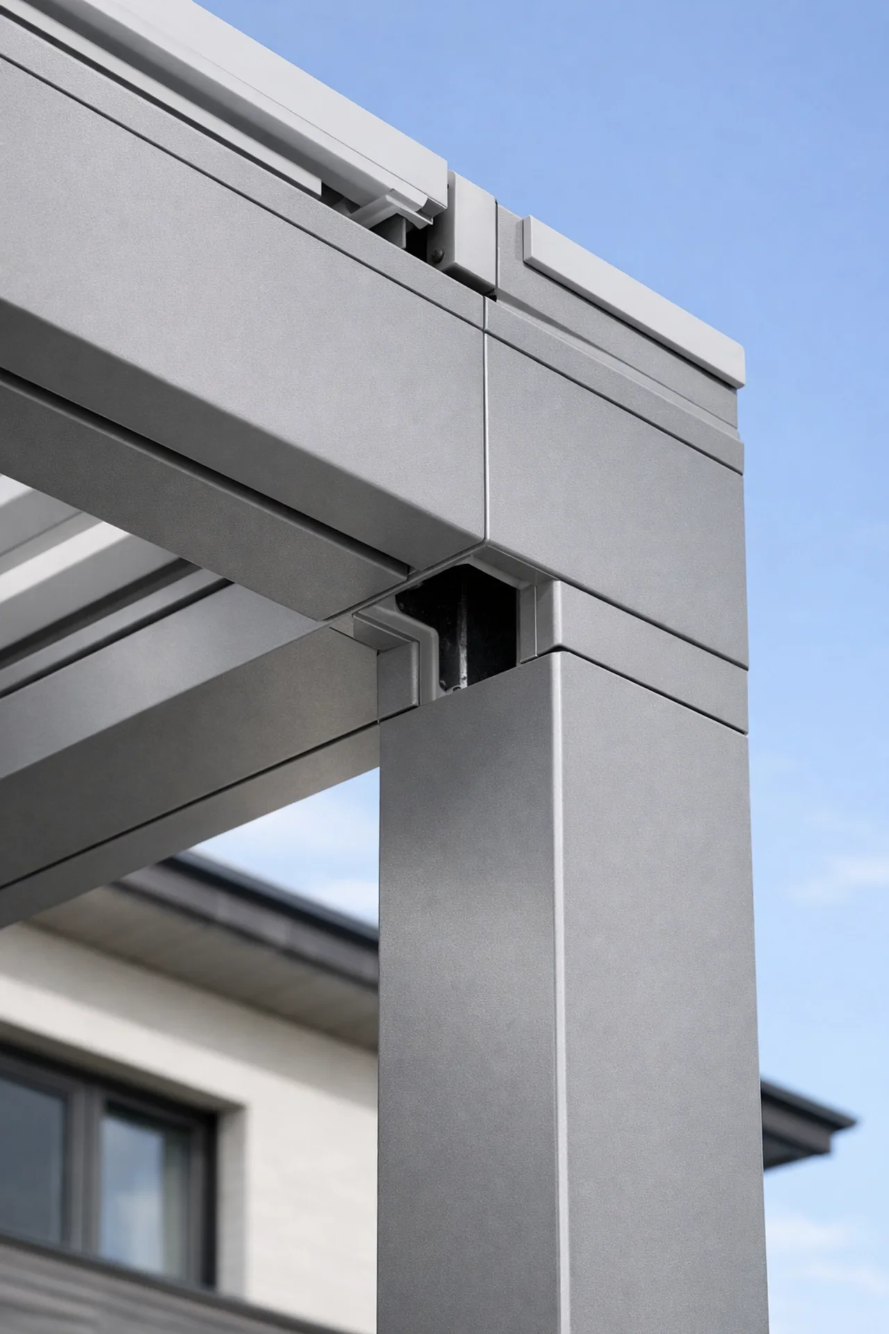 Präzise Montage einer Pergola Wien mit Fokus auf die stabile Aluminium-Konstruktion und Entwässerung.