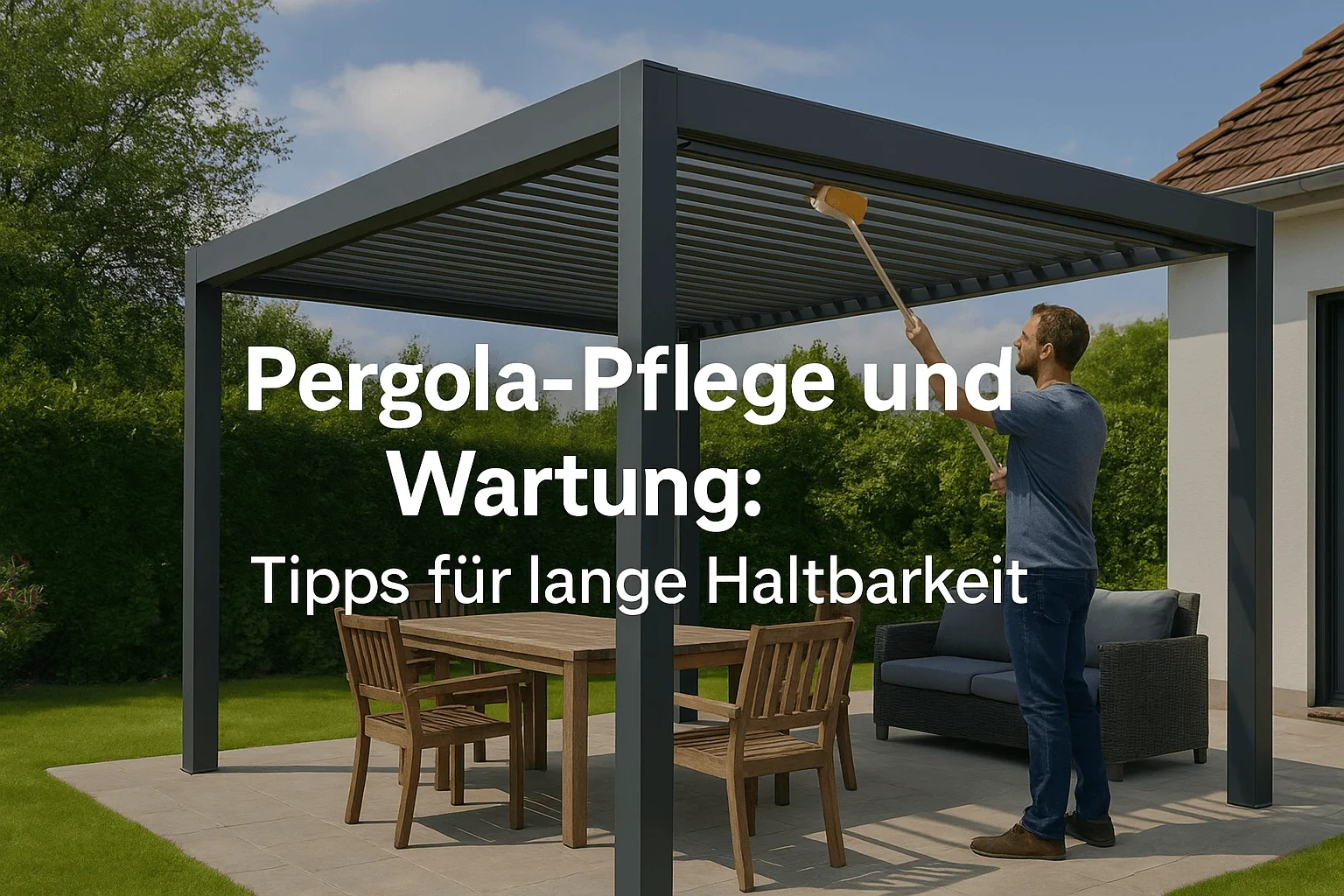 Ein Mann reinigt das Lamellendach einer modernen Pergola in einem gepflegten Garten mit einem Teleskopbesen.