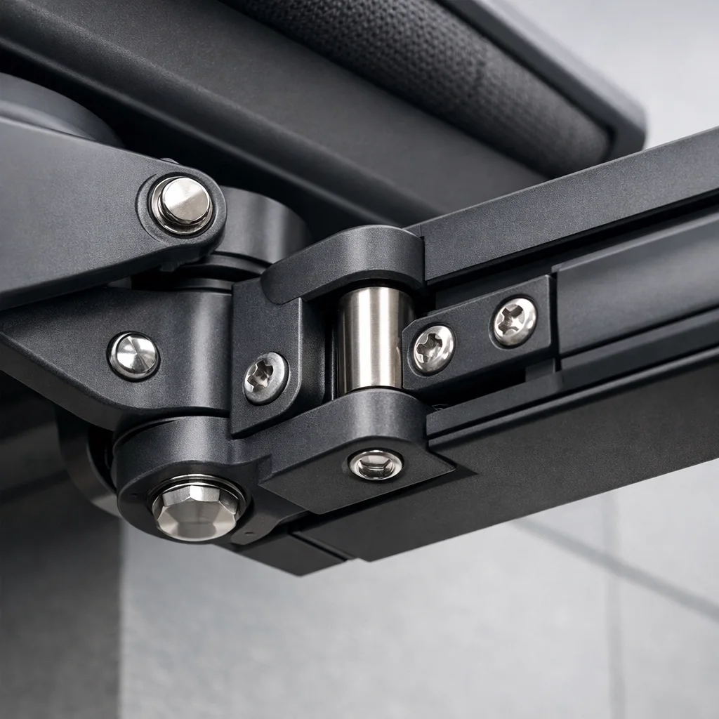 Technische Details einer windstabilen elektrischen Markise mit Führungsschiene aus Aluminium.