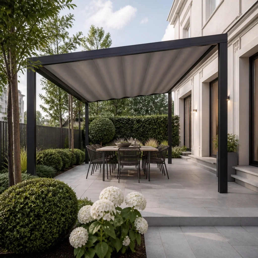 Minimalistische Aluminium-Pergola in einem Wiener Garten