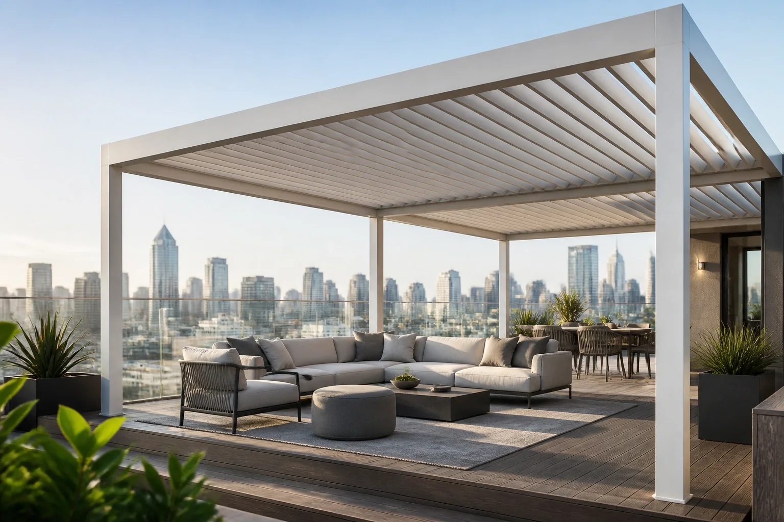Pergola Wien: Exklusives weißes Lamellendach auf einer Dachterrasse mit Blick auf die Stadt.
